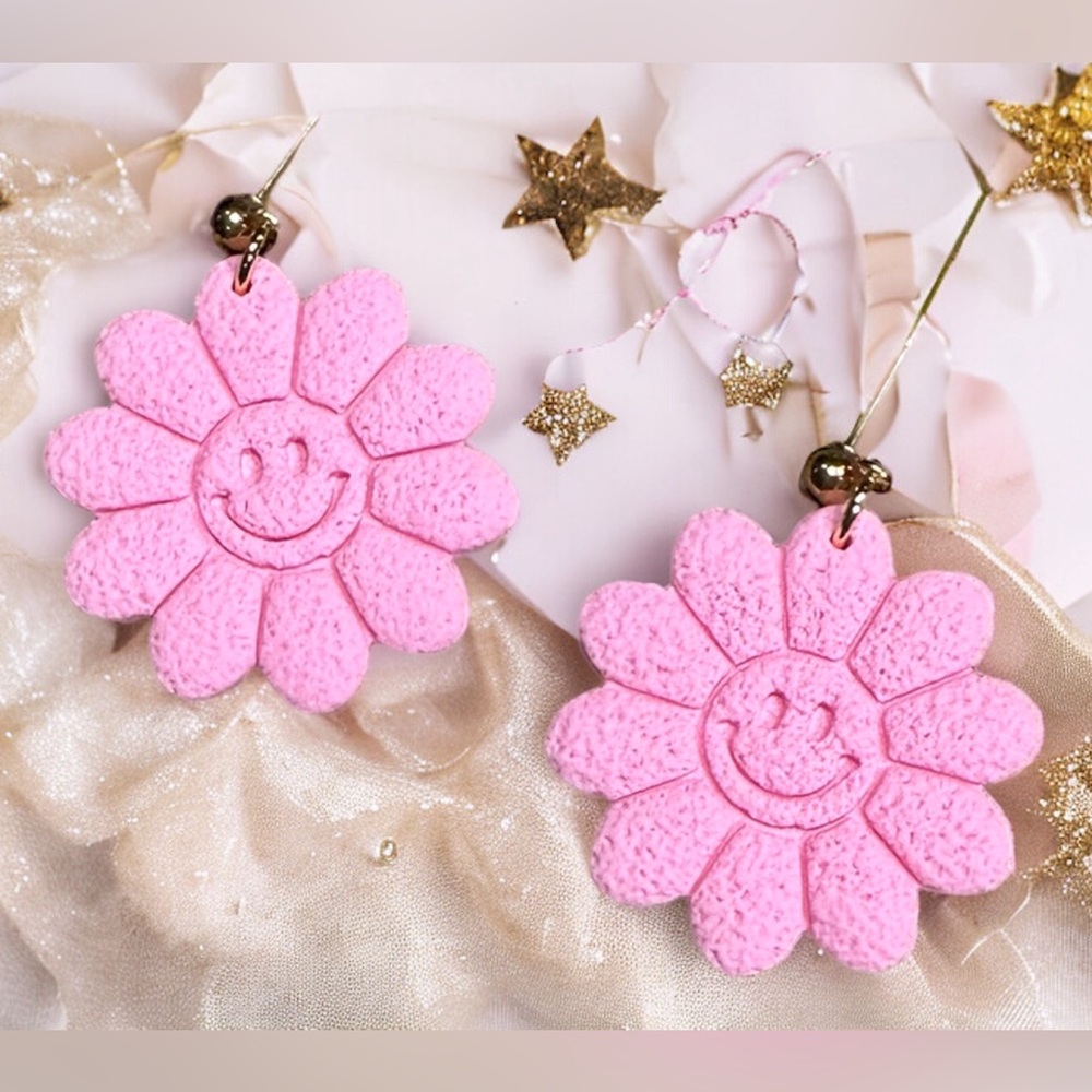 Smiley Face Flowers Polymer Clay Dangle Earrings- Pink